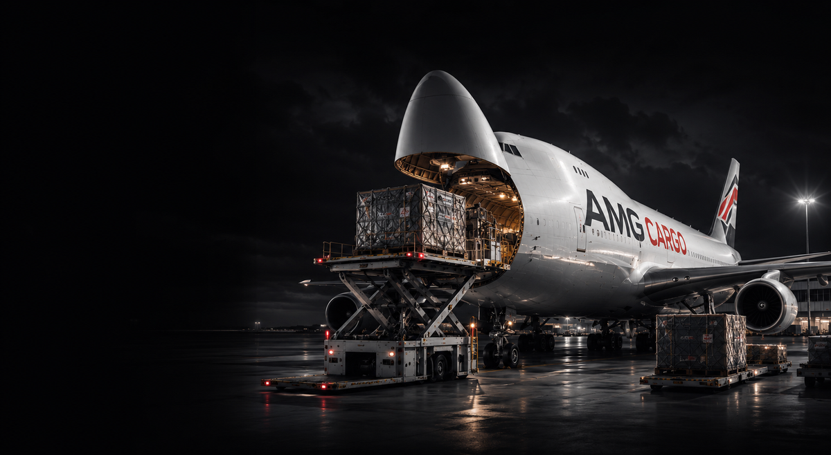 Грузовой самолёт AMG Cargo под загрузкой авиапаллет ночью в аэропорту — авиаперевозки грузов из Китая в Россию