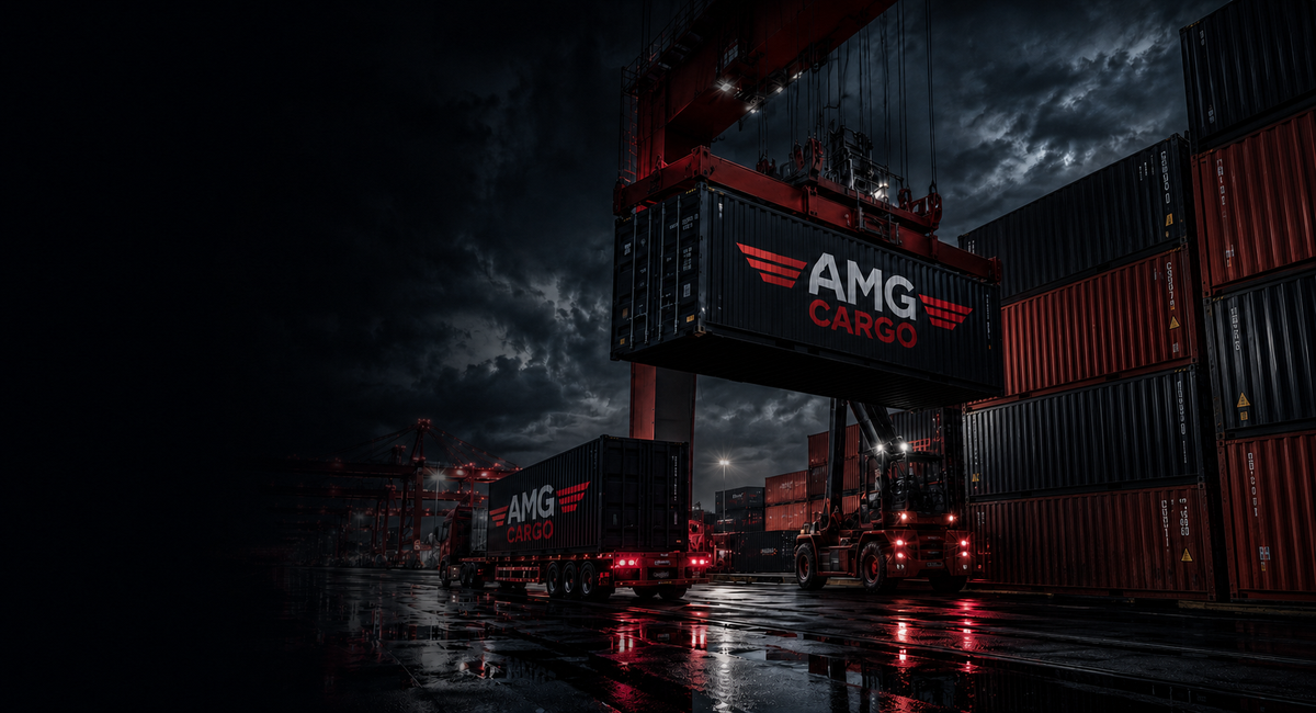 Контейнеры AMG Cargo на терминале ночью — контейнерные перевозки грузов из Китая в Россию морем и ЖД