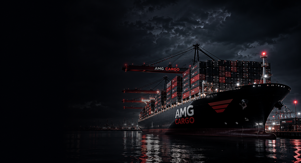 Контейнеровоз AMG Cargo с контейнерами в порту ночью — морские перевозки грузов из Китая в Россию
