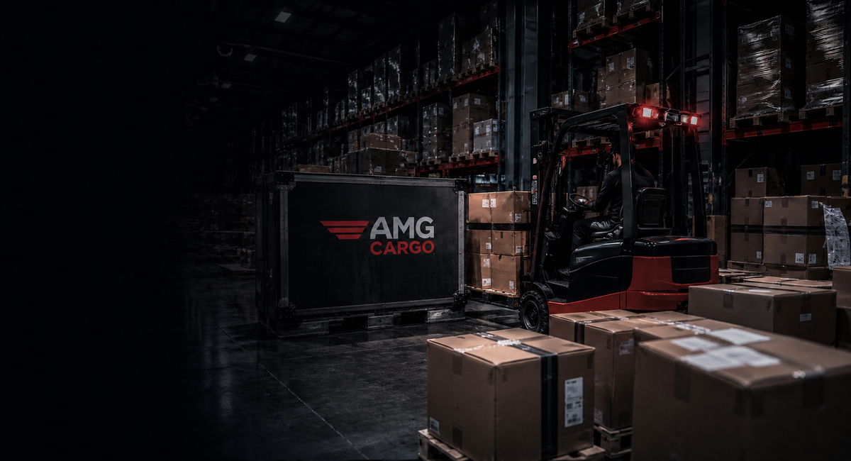 Склад консолидации AMG Cargo с погрузчиком и коробками — доставка сборных грузов из Китая в Россию