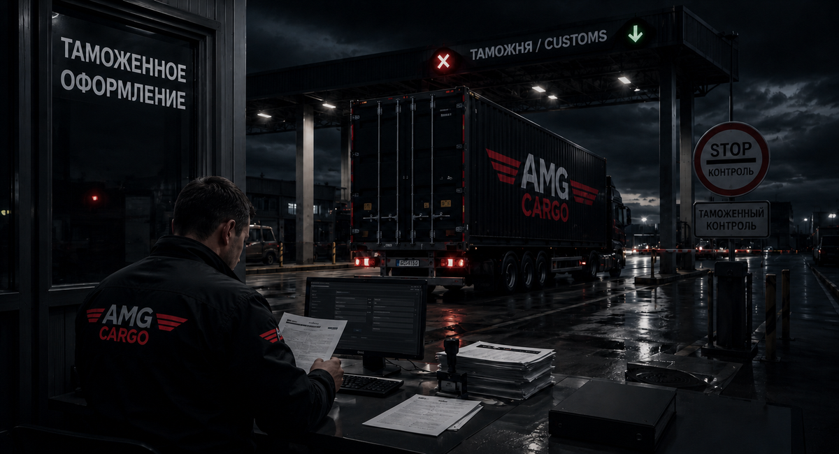 Специалист AMG Cargo за таможенным оформлением грузов из Китая ночью на пункте таможенного контроля — фура с контейнером AMG Cargo на досмотре
