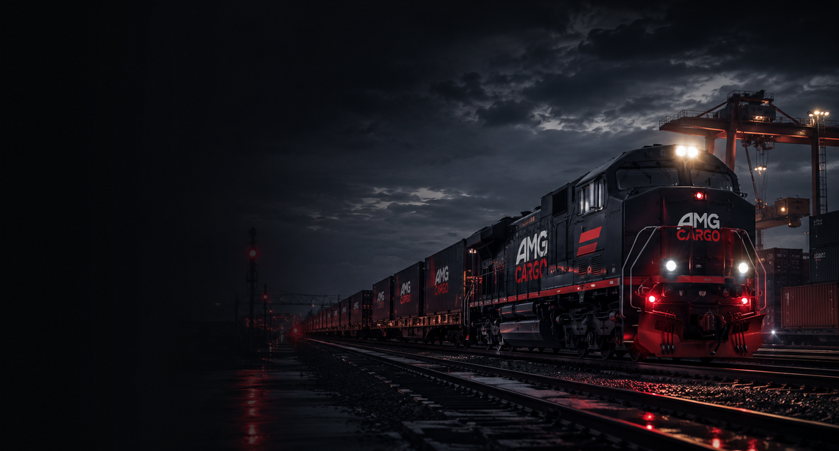 Грузовой контейнерный поезд AMG Cargo ночью на железнодорожном терминале — ЖД-перевозки грузов из Китая в Россию